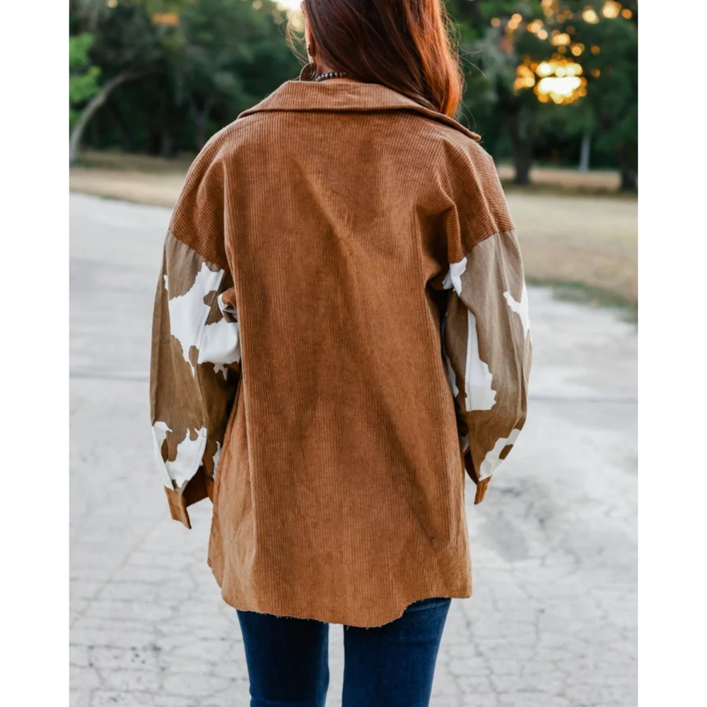 . Boutique Brown Cow Print Oversized Button Up Long Sleeve Corduroy Shacket - Picture 6 of 14